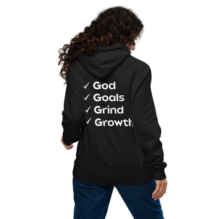 Unisex eco raglan hoodie-God, Goals, Grind, Growth