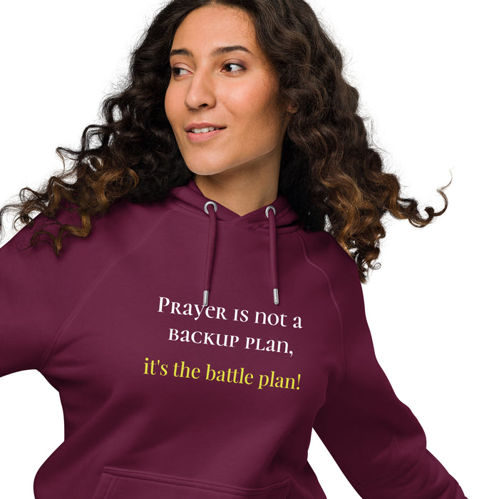 Unisex eco raglan hoodie-Prayer is Not Backup Plan