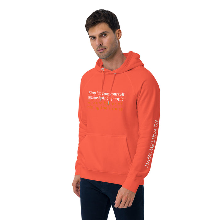 Unisex eco raglan hoodie-Stop Judging Yourself