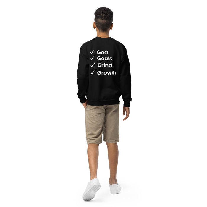 Youth crewneck sweatshirt-God, Goals, Grind, Growth