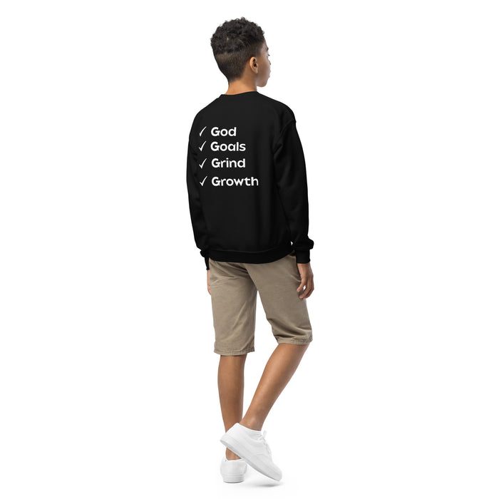 Youth crewneck sweatshirt-God, Goals, Grind, Growth